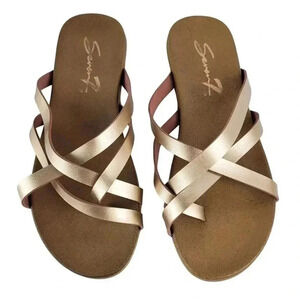 Seven7 Leather  Strap Thong Summer Sandal Champagne &Cork &Rubbler Sole sz 6US